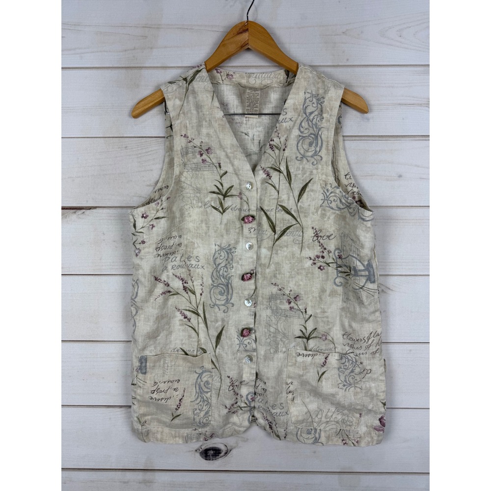 Sweet Jessie Top SP Linen Botanical Script Print Floral Rosebud Buttons